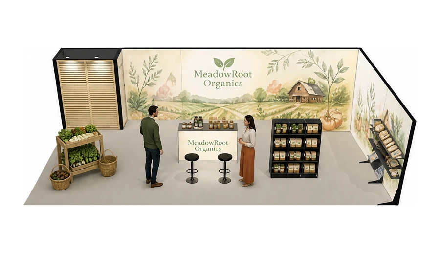 Stoisko 10 × 5 m narożne prawe dla branży żywność ekologiczna, przykładowa marka MeadowRoot Organics