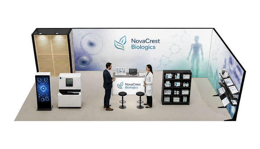 Stoisko 10 × 5 m narożne prawe dla branży farmacja i biotechnologia, przykładowa marka NovaCrest Biologics