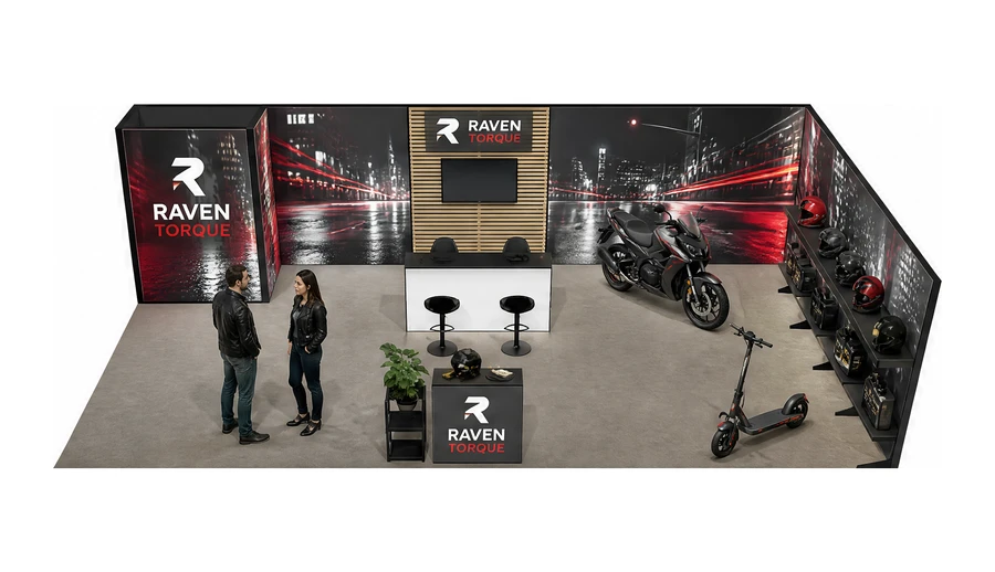 Stoisko 10 × 5 m narożne prawe dla branży motocykle i skutery, przykładowa marka Raven Torque