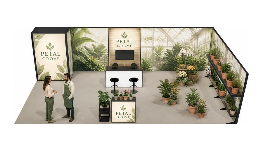Stoisko 10 × 5 m narożne prawe dla branży rośliny i kwiaciarstwo, przykładowa marka Petal Grove