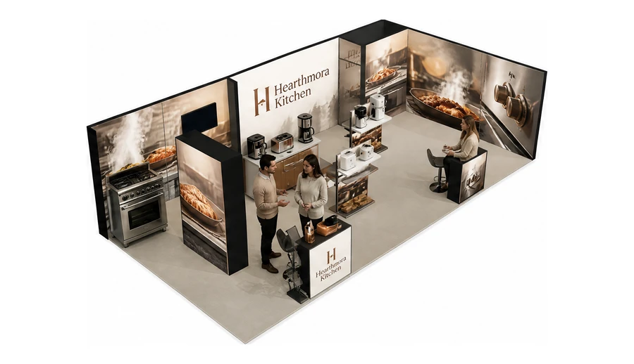 Stoisko 10 × 5 m narożne prawe dla branży sprzęt kuchenny i AGD, przykładowa marka Hearthmora Kitchen