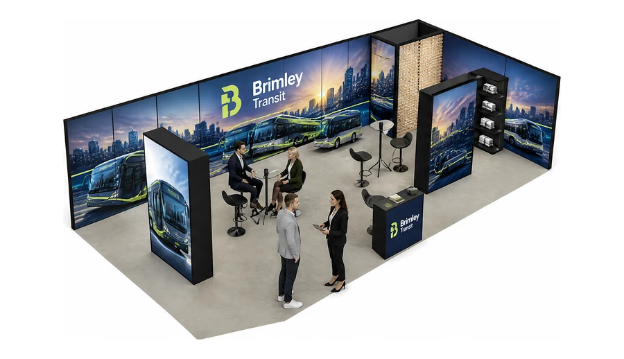 Stoisko 10 × 5 m narożne prawe dla branży autobusy i transport zbiorowy, przykładowa marka Brimley Transit