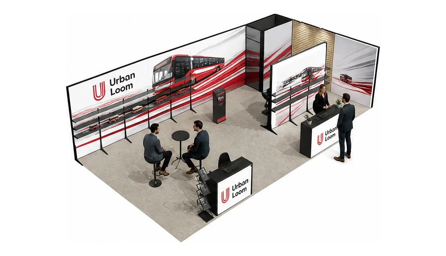 Stoisko 10 × 5 m narożne prawe dla branży autobusy i transport zbiorowy, przykładowa marka Urban Loom