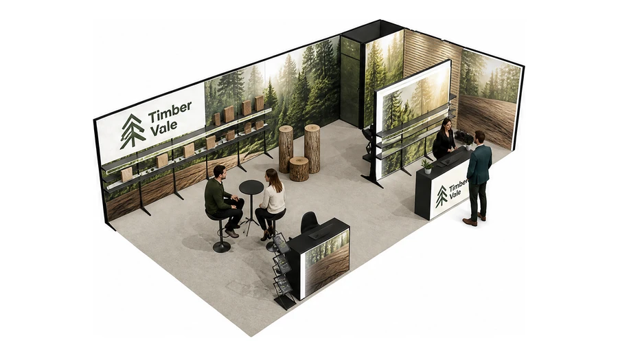 Stoisko 10 × 5 m narożne prawe dla branży leśnictwo i przemysł drzewny, przykładowa marka Timber Vale