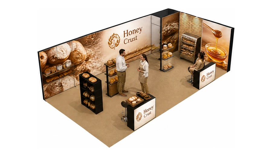 Stoisko 10 × 5 m narożne prawe dla branży piekarnictwo i cukiernictwo, przykładowa marka Honey Crust
