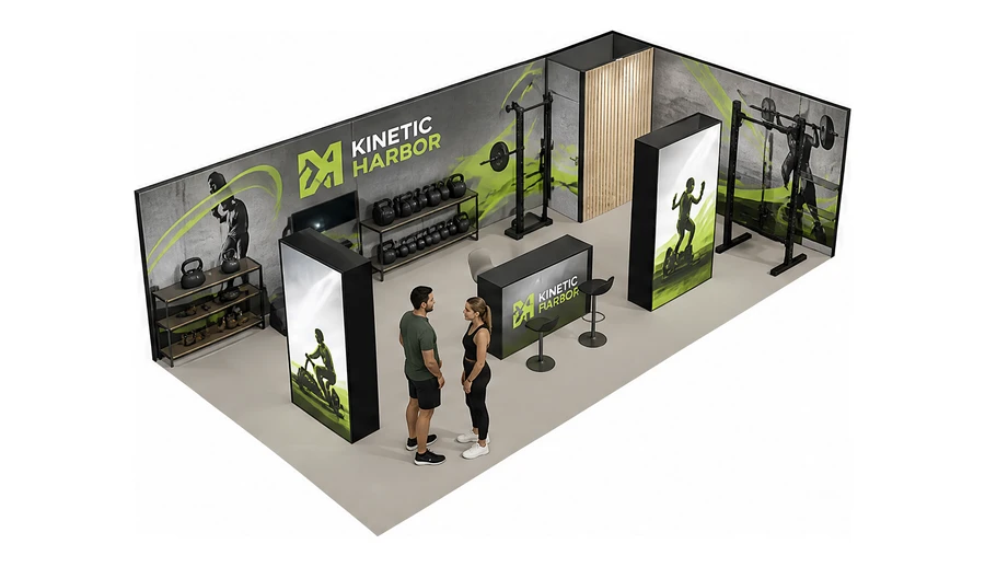 Stoisko 10 × 5 m narożne prawe dla branży fitness i siłownie, przykładowa marka Kinetic Harbor