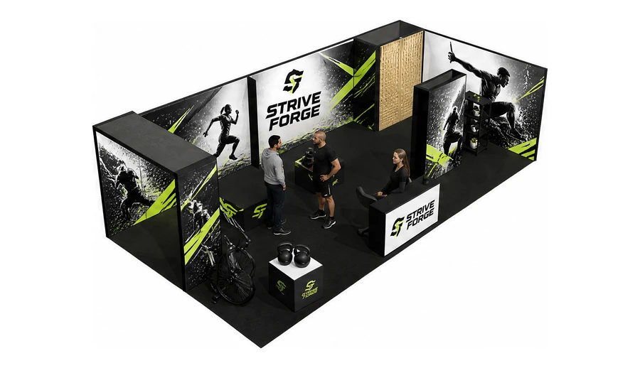 Stoisko 10 × 5 m narożne prawe dla branży sprzęt sportowy, przykładowa marka Strive Forge