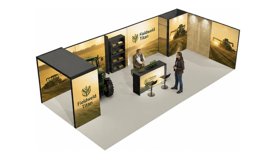 Stoisko 10 × 5 m narożne prawe dla branży maszyny rolnicze, przykładowa marka Fieldweld Titan