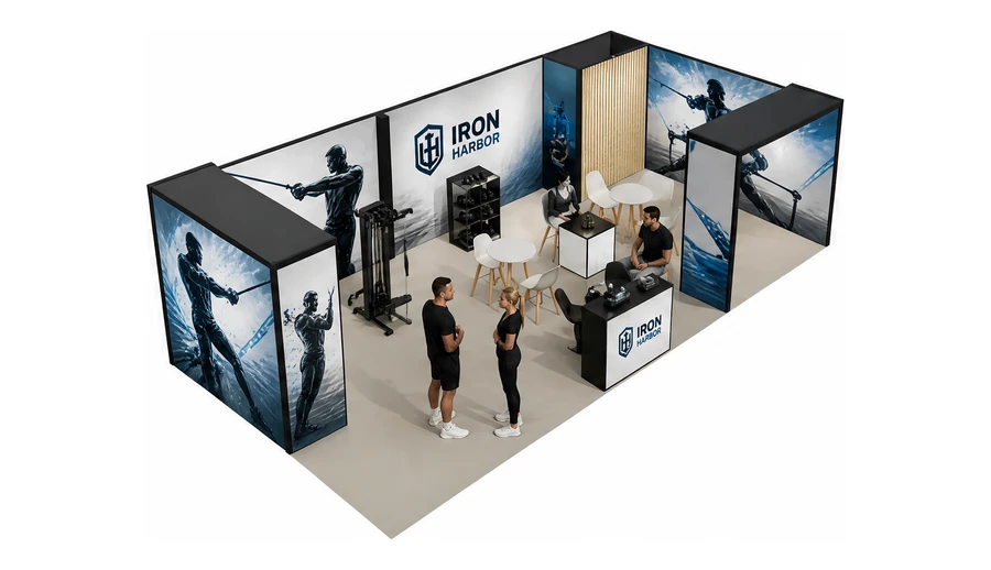 Stoisko 10 × 5 m narożne prawe dla branży fitness i siłownie, przykładowa marka Iron Harbor