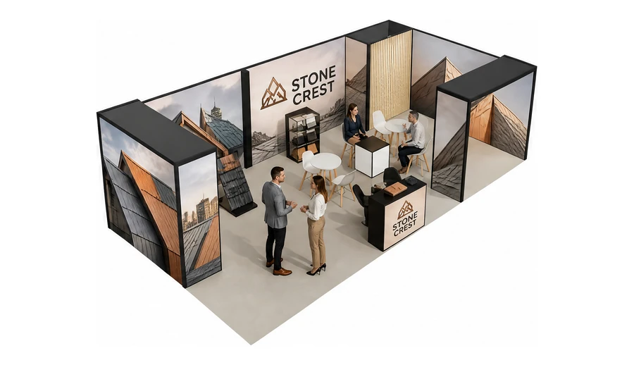 Stoisko 10 × 5 m narożne prawe dla branży dachy i elewacje, przykładowa marka Stone Crest