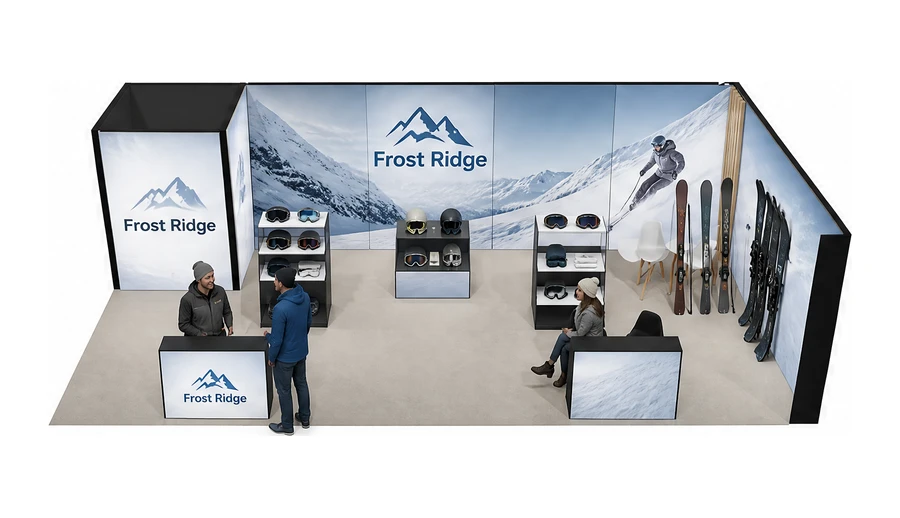 Stoisko 10 × 5 m narożne prawe dla branży narciarstwo i sporty zimowe, przykładowa marka Frost Ridge