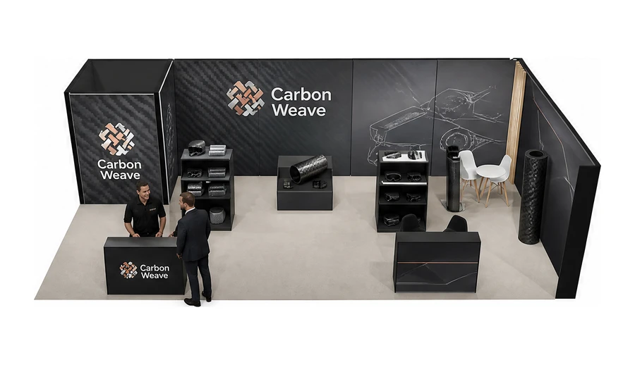 Stoisko 10 × 5 m narożne prawe dla branży materiały kompozytowe, przykładowa marka Carbon Weave