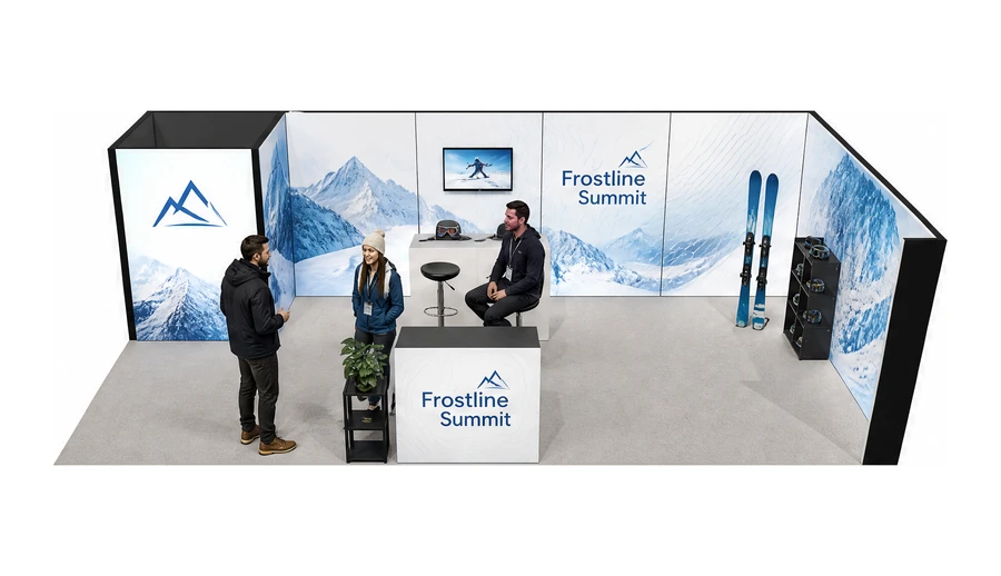 Stoisko 10 × 5 m narożne prawe dla branży narciarstwo i sporty zimowe, przykładowa marka Frostline Summit