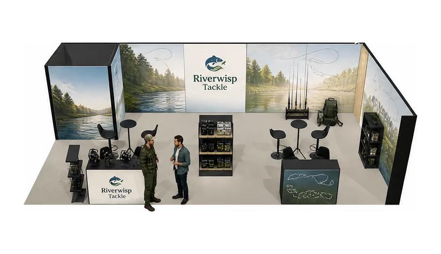 Stoisko 10 × 5 m narożne prawe dla branży wędkarstwo, przykładowa marka Riverwisp Tackle