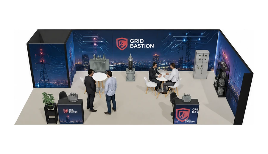 Stoisko 10 × 5 m narożne prawe dla branży energetyka i sieci, przykładowa marka Grid Bastion