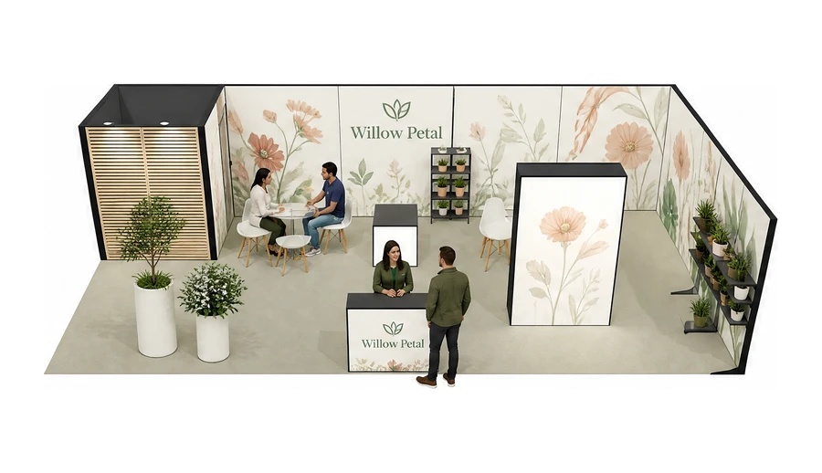 Stoisko 10 × 5 m narożne prawe dla branży rośliny i kwiaciarstwo, przykładowa marka Willow Petal