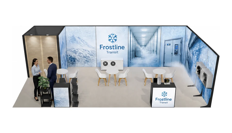Stoisko 10 × 5 m narożne prawe dla branży łańcuch chłodniczy, przykładowa marka Frostline Transit