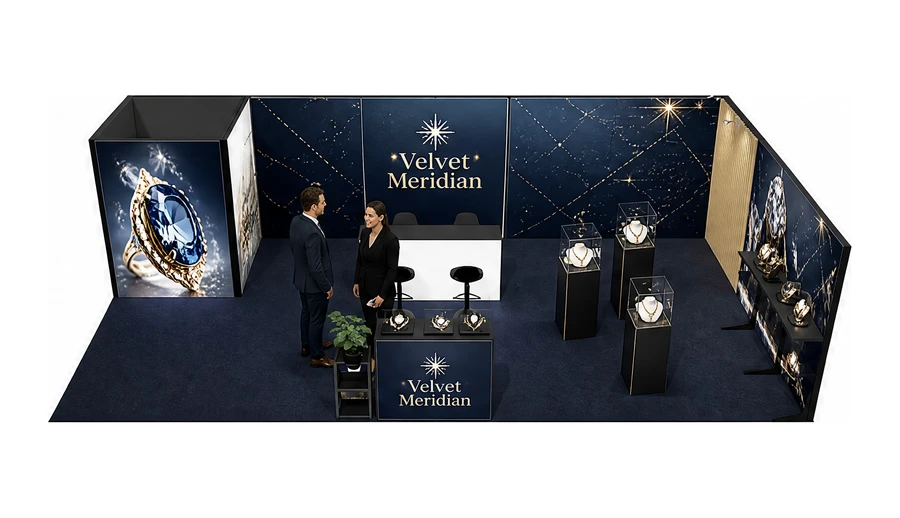 Stoisko 10 × 5 m narożne prawe dla branży biżuteria, przykładowa marka Velvet Meridian