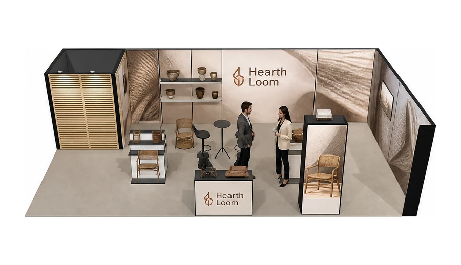 Stoisko 10 × 5 m narożne prawe dla branży meble designerskie, przykładowa marka Hearth Loom