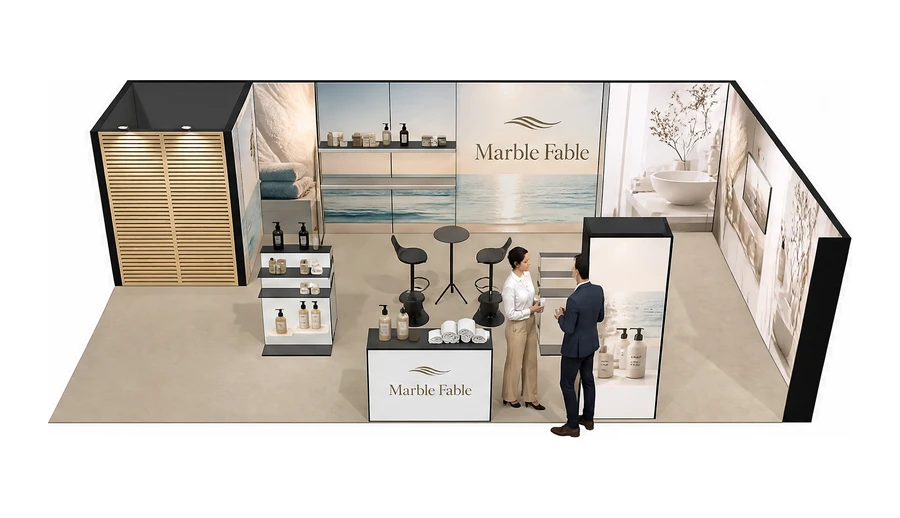 Stoisko 10 × 5 m narożne prawe dla branży wyposażenie hoteli, przykładowa marka Marble Fable