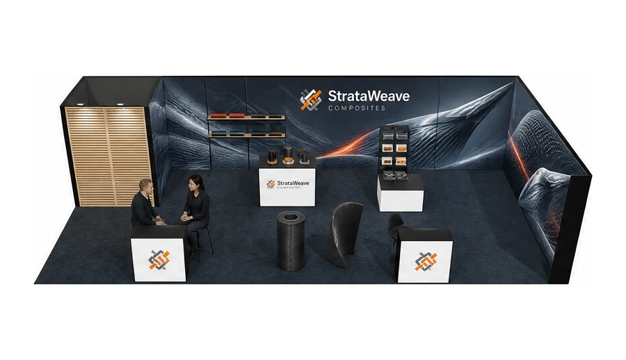 Stoisko 10 × 5 m narożne prawe dla branży materiały kompozytowe, przykładowa marka StrataWeave Composites