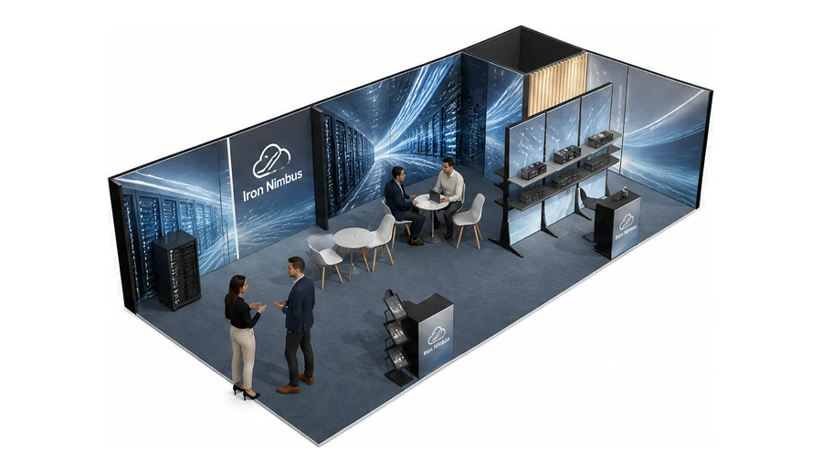 Stoisko 10 × 5 m narożne prawe dla branży infrastruktura IT i data center, przykładowa marka Iron Nimbus