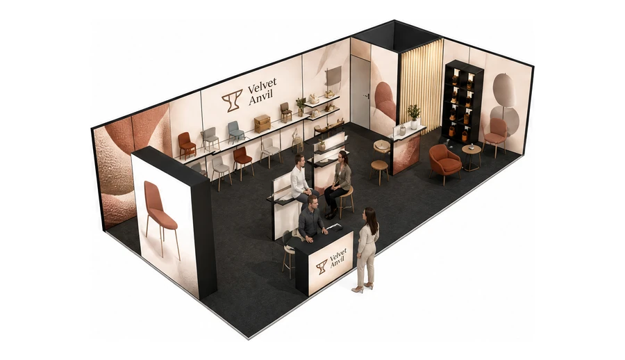 Stoisko 10 × 5 m narożne prawe dla branży meble designerskie, przykładowa marka Velvet Anvil