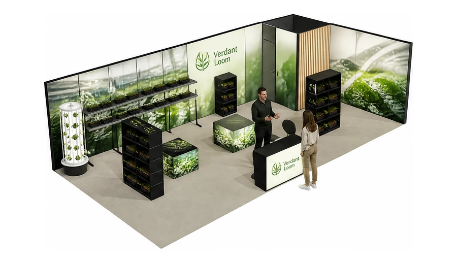 Stoisko 10 × 5 m narożne prawe dla branży sadownictwo i warzywnictwo, przykładowa marka Verdant Loom
