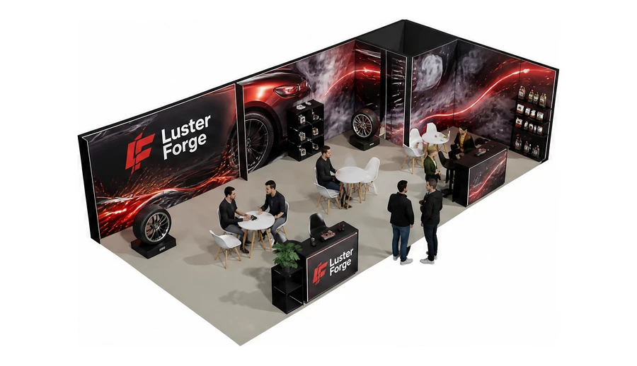 Stoisko 10 × 5 m narożne prawe dla branży tuning i detailing, przykładowa marka Luster Forge
