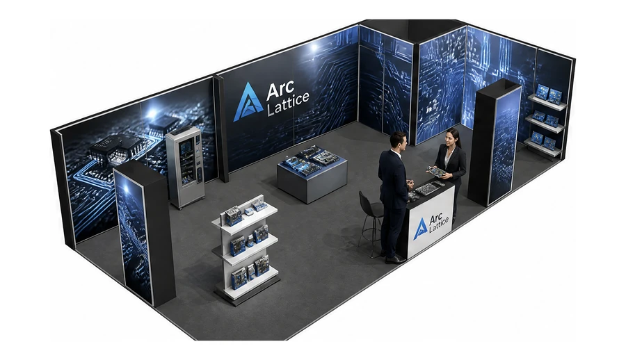 Stoisko 10 × 5 m narożne prawe dla branży komponenty elektroniczne, przykładowa marka Arc Lattice