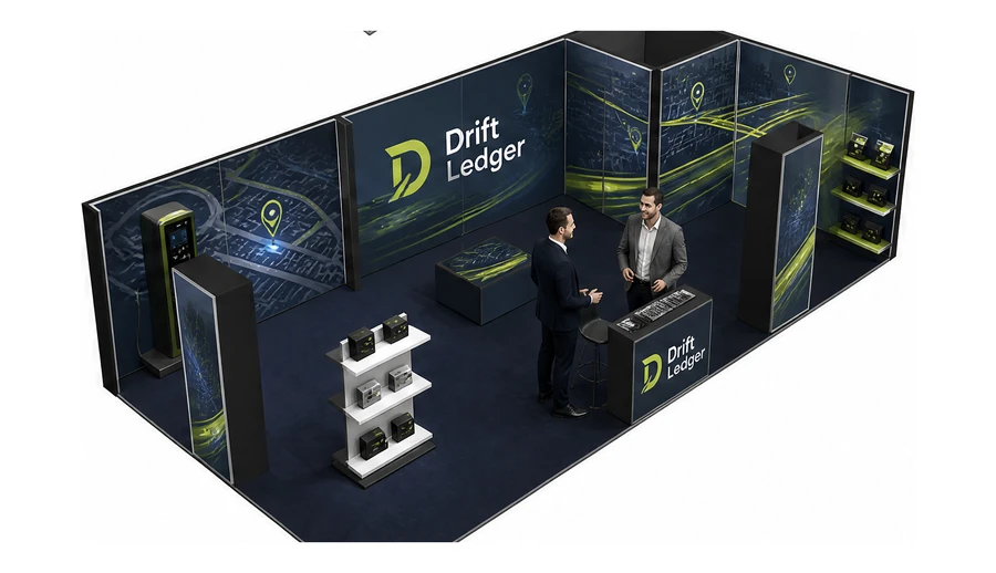 Stoisko 10 × 5 m narożne prawe dla branży flota i leasing aut, przykładowa marka Drift Ledger