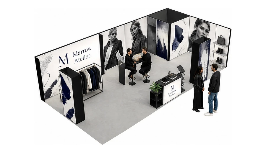Stoisko 10 × 5 m narożne prawe dla branży odzież i moda, przykładowa marka Marrow Atelier