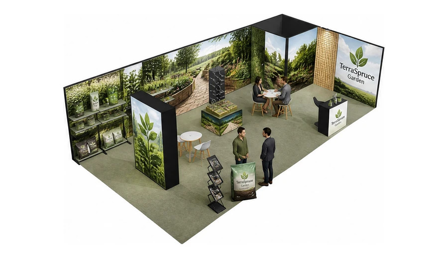 Stoisko 10 × 5 m narożne prawe dla branży ogród i architektura krajobrazu, przykładowa marka TerraSpruce Garden