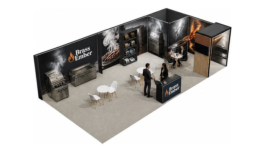 Stoisko 10 × 5 m narożne prawe dla branży wyposażenie gastronomii, przykładowa marka Brass Ember