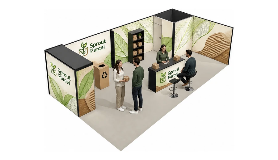 Stoisko 10 × 5 m narożne prawe dla branży opakowania ekologiczne, przykładowa marka Sprout Parcel