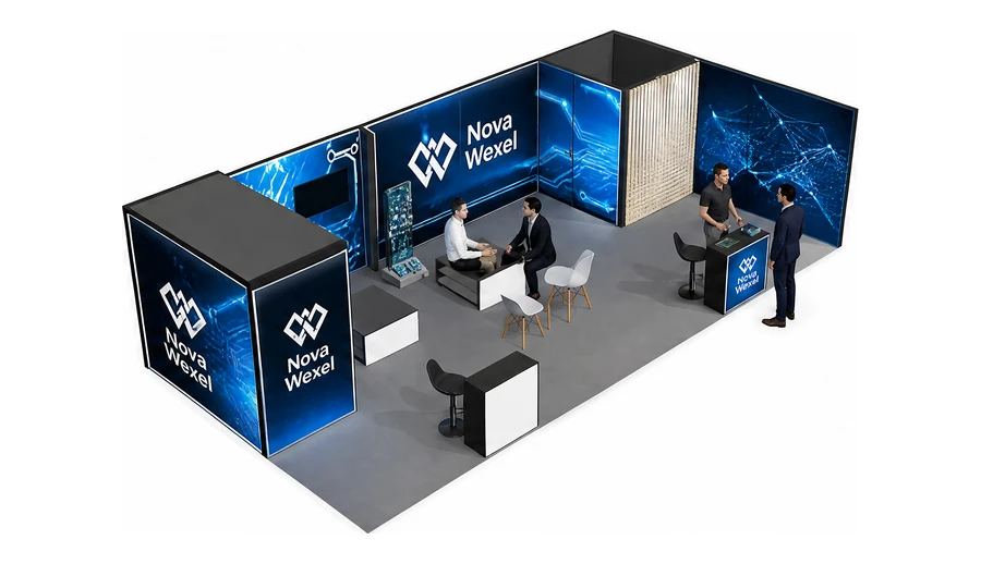 Stoisko 10 × 5 m narożne prawe dla branży komponenty elektroniczne, przykładowa marka Nova Wexel