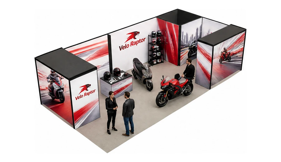 Stoisko 10 × 5 m narożne prawe dla branży motocykle i skutery, przykładowa marka Velo Raptor
