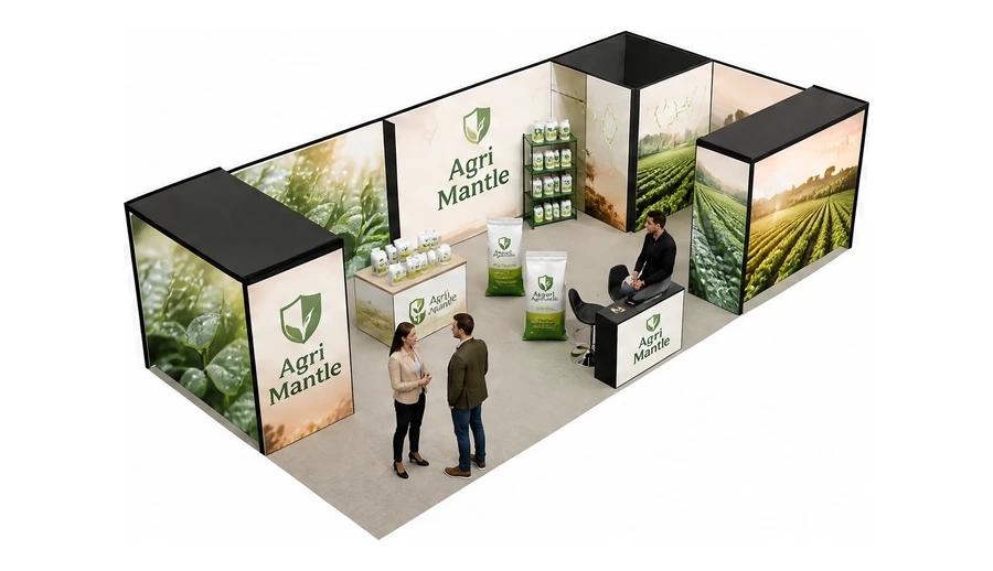 Stoisko 10 × 5 m narożne prawe dla branży nawozy i ochrona roślin, przykładowa marka Agri Mantle