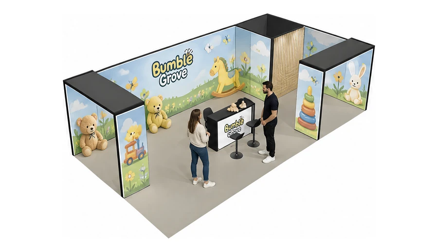 Stoisko 10 × 5 m narożne prawe dla branży zabawki i artykuły dziecięce, przykładowa marka Bumble Grove