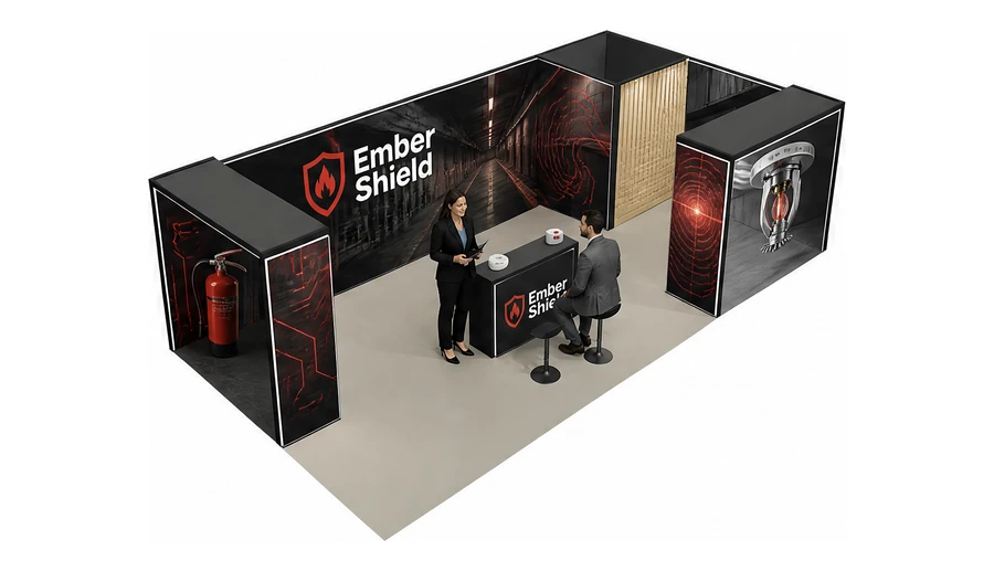 Stoisko 10 × 5 m narożne prawe dla branży ochrona przeciwpożarowa, przykładowa marka Ember Shield