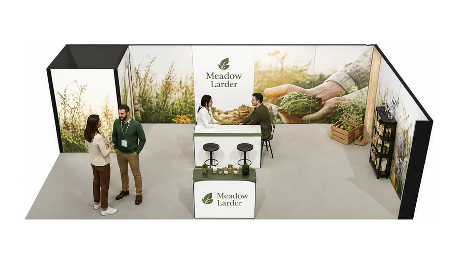 Stoisko 10 × 5 m narożne prawe dla branży żywność ekologiczna, przykładowa marka Meadow Larder
