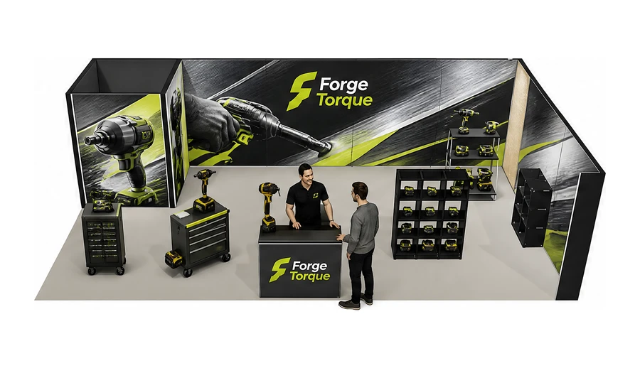 Stoisko 10 × 5 m narożne prawe dla branży elektronarzędzia, przykładowa marka Forge Torque
