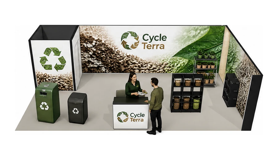 Stoisko 10 × 5 m narożne prawe dla branży recykling i ochrona środowiska, przykładowa marka Cycle Terra