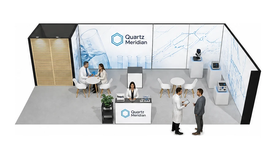 Stoisko 10 × 5 m narożne prawe dla branży sprzęt laboratoryjny, przykładowa marka Quartz Meridian