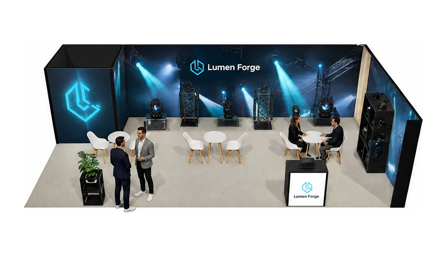 Stoisko 10 × 5 m narożne prawe dla branży branża eventowa, przykładowa marka Lumen Forge