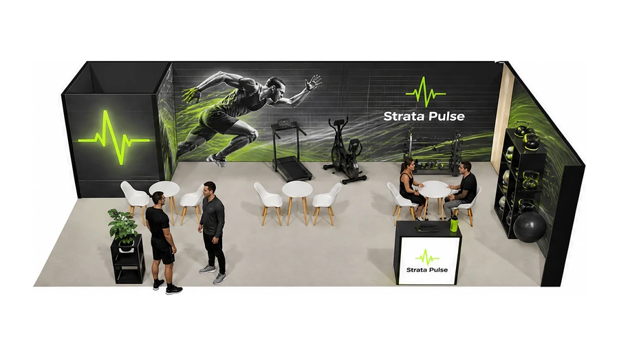 Stoisko 10 × 5 m narożne prawe dla branży fitness i siłownie, przykładowa marka Strata Pulse