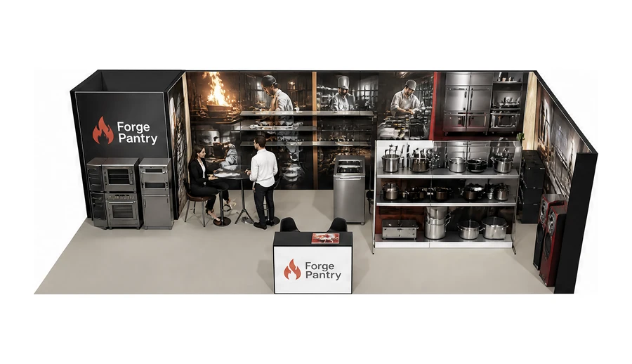 Stoisko 10 × 5 m narożne prawe dla branży wyposażenie gastronomii, przykładowa marka Forge Pantry
