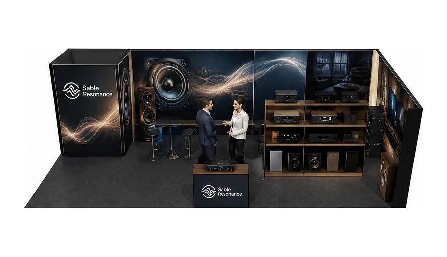 Stoisko 10 × 5 m narożne prawe dla branży sprzęt audio-video, przykładowa marka Sable Resonance