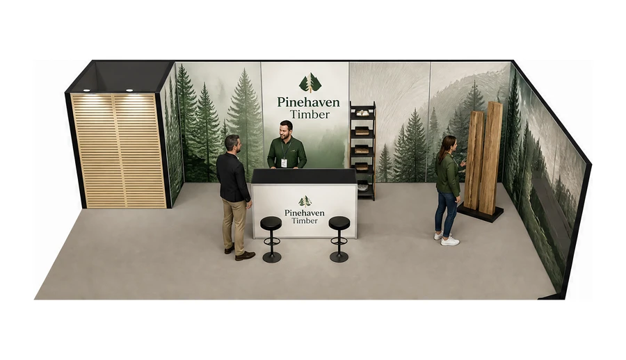 Stoisko 10 × 5 m narożne prawe dla branży leśnictwo i przemysł drzewny, przykładowa marka Pinehaven Timber