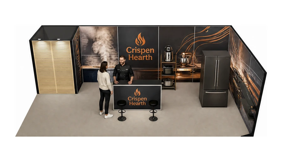 Stoisko 10 × 5 m narożne prawe dla branży sprzęt kuchenny i AGD, przykładowa marka Crispen Hearth